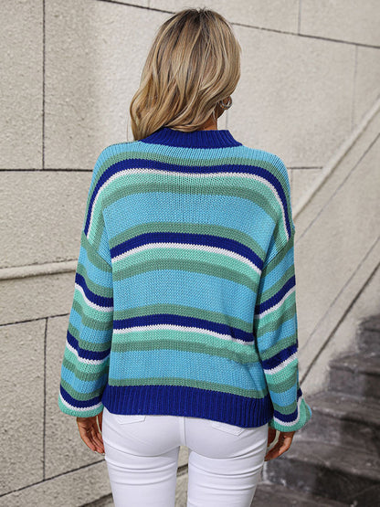 Sweaters- Cozy Up in Stripes: Oversized Knit Jumper Sweater- - Pekosa Women Clothing