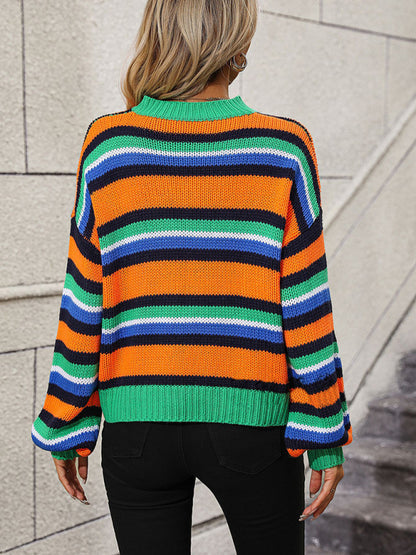 Sweaters- Cozy Up in Stripes: Oversized Knit Jumper Sweater- - Pekosa Women Clothing