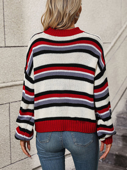 Sweaters- Cozy Up in Stripes: Oversized Knit Jumper Sweater- - Pekosa Women Clothing