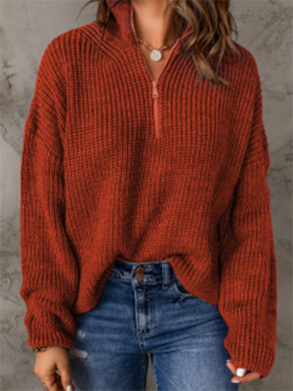 Sweaters- Cozy Waffle Knit Half Zip-Up Oversized Sweater- Red- Pekosa Women Clothing