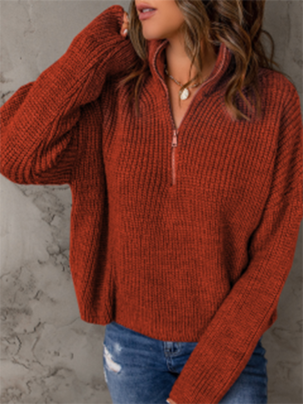 Sweaters- Cozy Waffle Knit Half Zip-Up Oversized Sweater- - Pekosa Women Clothing