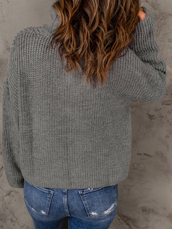 Sweaters- Cozy Waffle Knit Half Zip-Up Oversized Sweater- - Pekosa Women Clothing