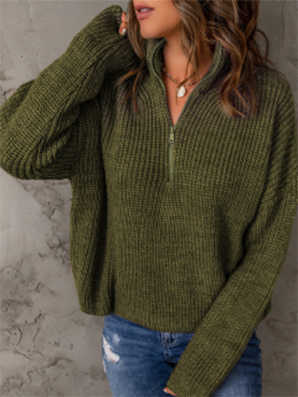 Sweaters- Cozy Waffle Knit Half Zip-Up Oversized Sweater- - Pekosa Women Clothing