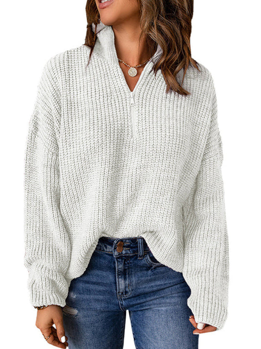 Sweaters- Cozy Waffle Knit Half Zip-Up Oversized Sweater- White- Pekosa Women Clothing