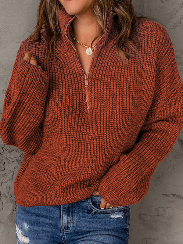 Sweaters- Cozy Waffle Knit Half Zip-Up Oversized Sweater- - Pekosa Women Clothing