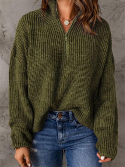 Sweaters- Cozy Waffle Knit Half Zip-Up Oversized Sweater- Green- Pekosa Women Clothing