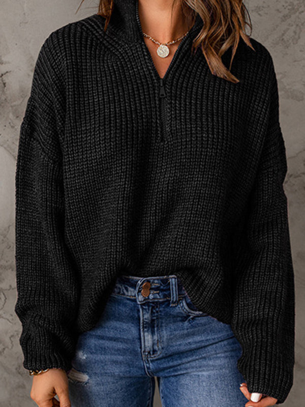 Sweaters- Cozy Waffle Knit Half Zip-Up Oversized Sweater- Black- Pekosa Women Clothing