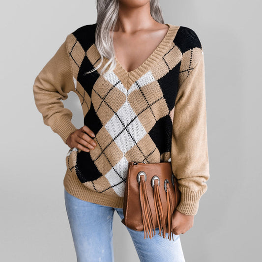 Sweaters- Diamond Sweater: Women's Fall/Winter Knit Pullover - Fashion Essential- Khaki- Pekosa Women Clothing