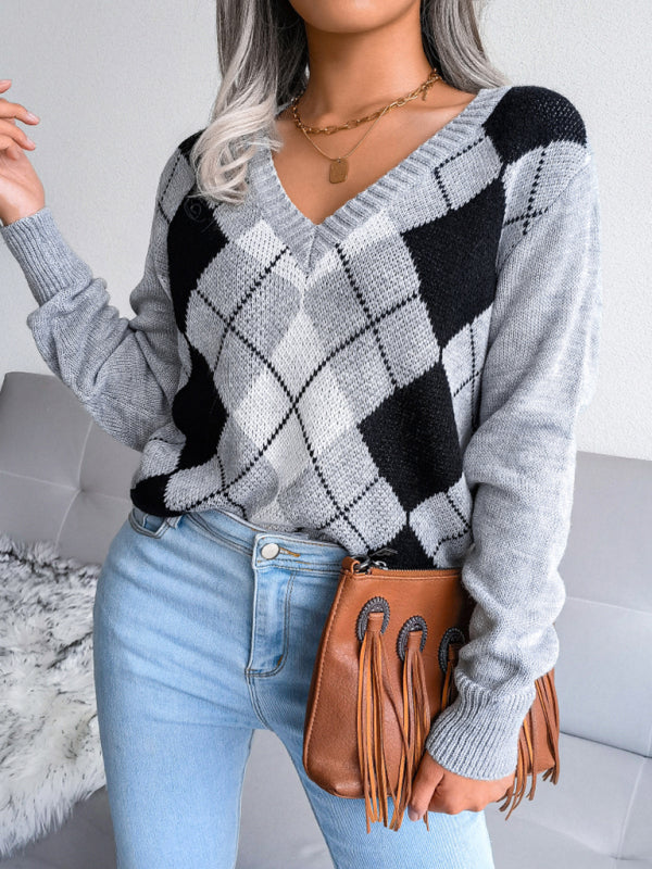 Sweaters- Diamond Sweater: Women's Fall/Winter Knit Pullover - Fashion Essential- Grey- Pekosa Women Clothing