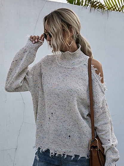 Sweaters- Distressed Knit Cold Shoulder High Neck Sweater- - Pekosa Women Clothing