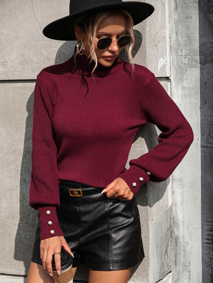 Sweaters- Elegant Beaded Turtleneck Sweater - Contrast Knit Sleeves Pullover- Wine Red- Pekosa Women Clothing