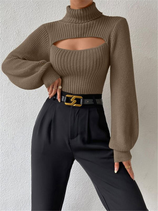 Sweaters- Elegant Rib-Knit Turtleneck Sweater with Cutout Front- Khaki- Pekosa Women Clothing