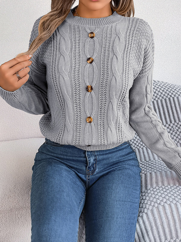 Sweaters- Fall/Winter Button Applique Cable Knit Crew Neck Sweater- Grey- Pekosa Women Clothing