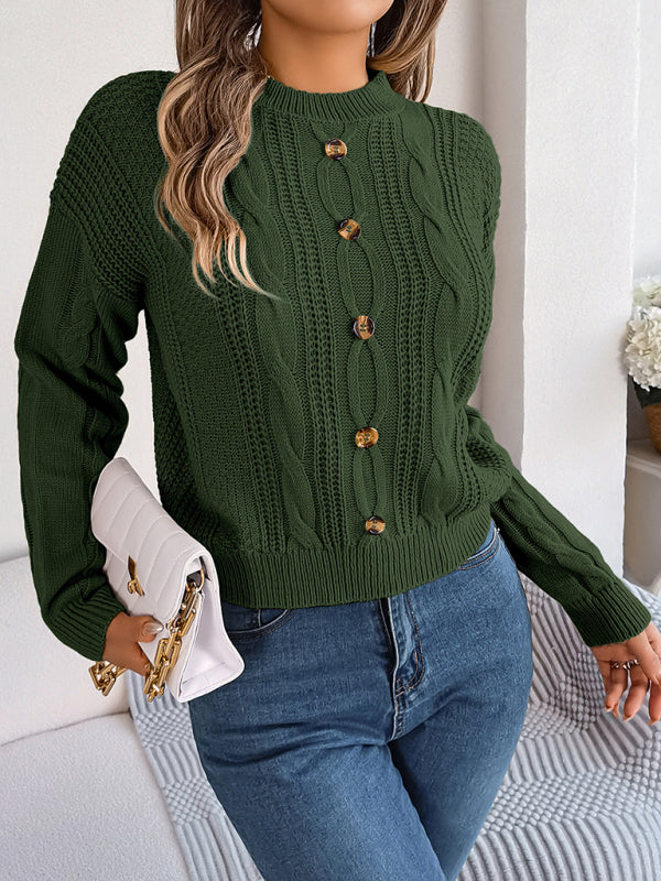 Sweaters- Fall/Winter Button Applique Cable Knit Crew Neck Sweater- - Pekosa Women Clothing