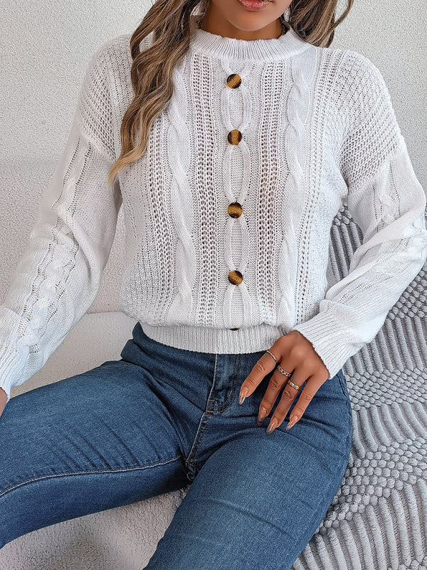 Sweaters- Fall/Winter Button Applique Cable Knit Crew Neck Sweater- - Pekosa Women Clothing