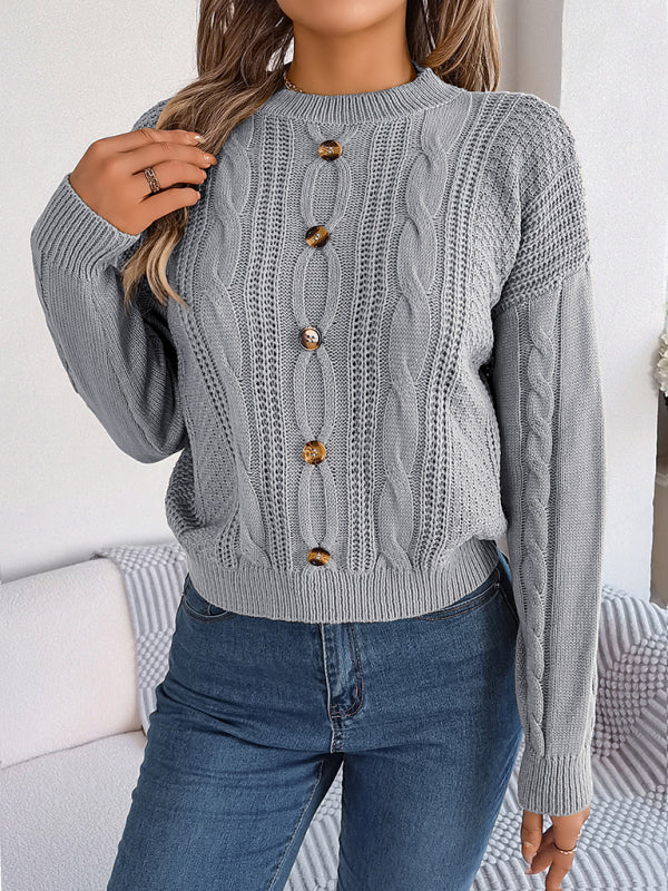 Sweaters- Fall/Winter Button Applique Cable Knit Crew Neck Sweater- - Pekosa Women Clothing