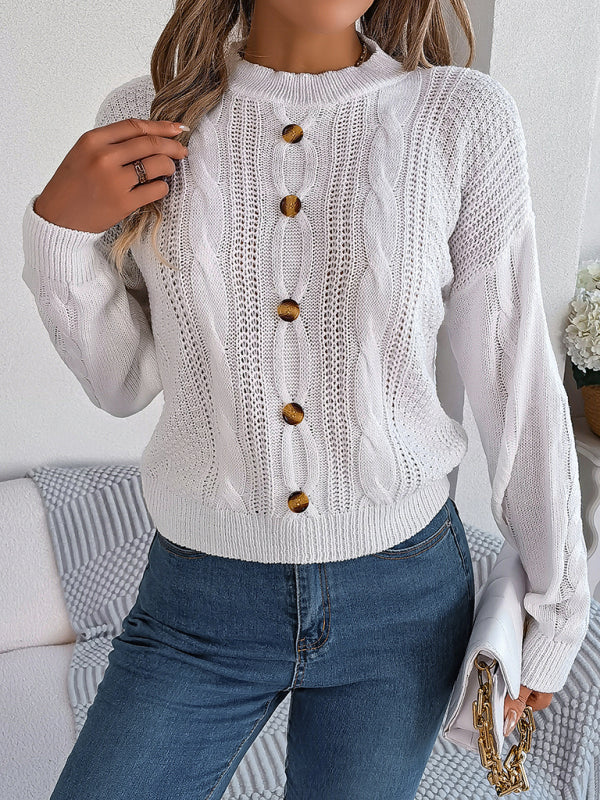 Sweaters- Fall/Winter Button Applique Cable Knit Crew Neck Sweater- White- Pekosa Women Clothing