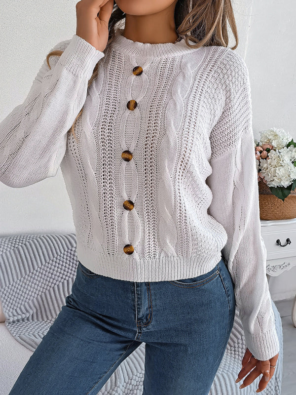 Sweaters- Fall/Winter Button Applique Cable Knit Crew Neck Sweater- - Pekosa Women Clothing