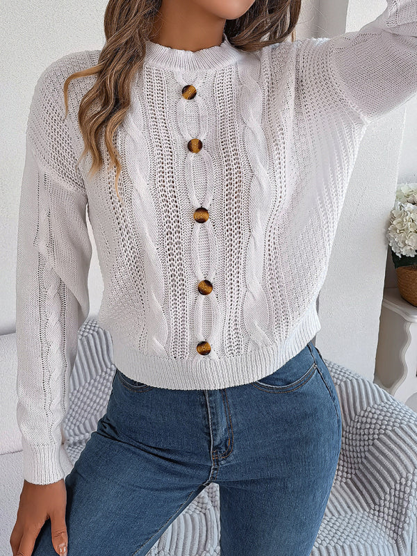 Sweaters- Fall/Winter Button Applique Cable Knit Crew Neck Sweater- - Pekosa Women Clothing