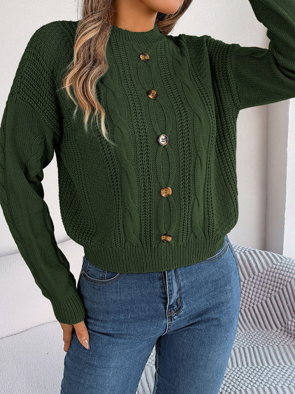 Sweaters- Fall/Winter Button Applique Cable Knit Crew Neck Sweater- - Pekosa Women Clothing