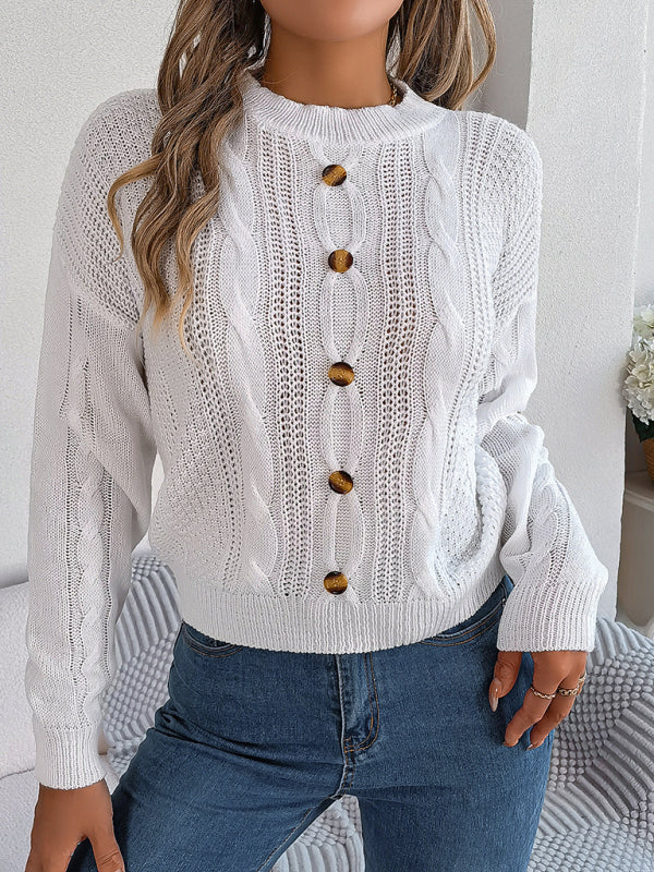 Sweaters- Fall/Winter Button Applique Cable Knit Crew Neck Sweater- - Pekosa Women Clothing