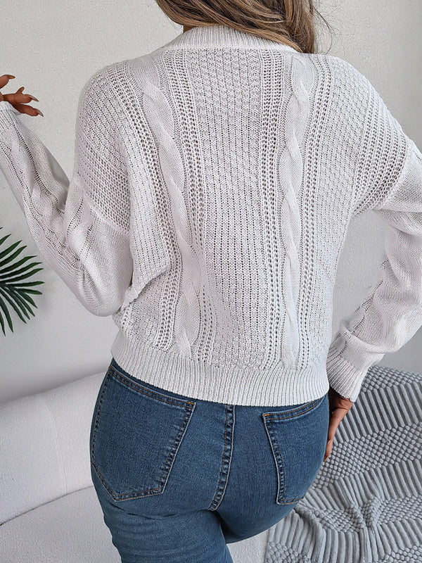 Sweaters- Fall/Winter Button Applique Cable Knit Crew Neck Sweater- - Pekosa Women Clothing