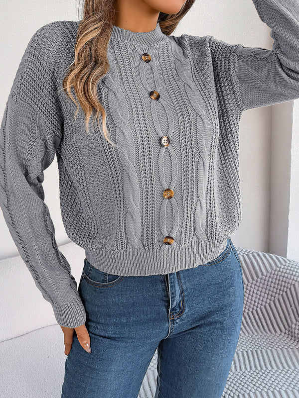 Sweaters- Fall/Winter Button Applique Cable Knit Crew Neck Sweater- - Pekosa Women Clothing