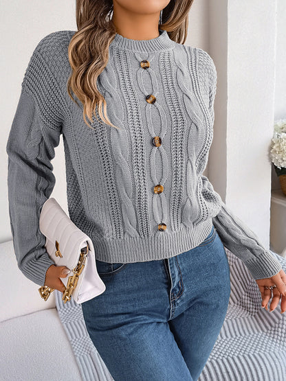 Sweaters- Fall/Winter Button Applique Cable Knit Crew Neck Sweater- - Pekosa Women Clothing