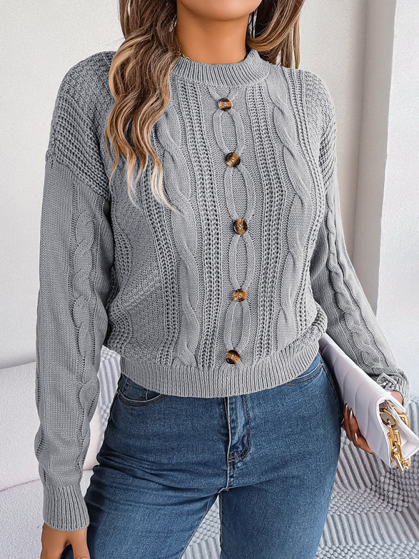 Sweaters- Fall/Winter Button Applique Cable Knit Crew Neck Sweater- - Pekosa Women Clothing