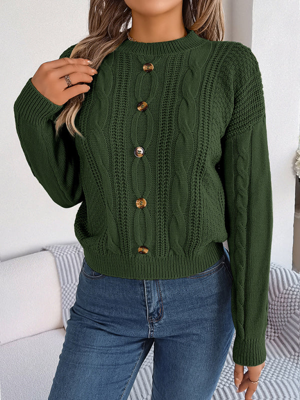 Sweaters- Fall/Winter Button Applique Cable Knit Crew Neck Sweater- - Pekosa Women Clothing