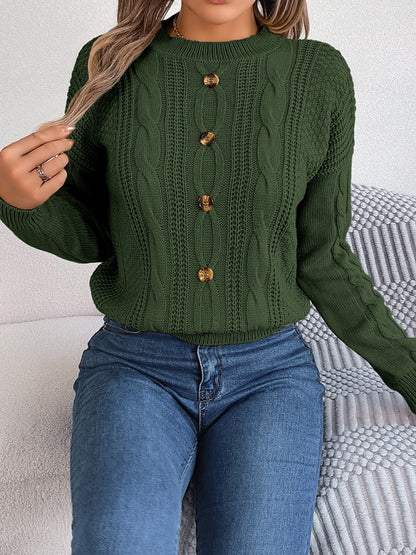 Sweaters- Fall/Winter Button Applique Cable Knit Crew Neck Sweater- Olive green- Pekosa Women Clothing