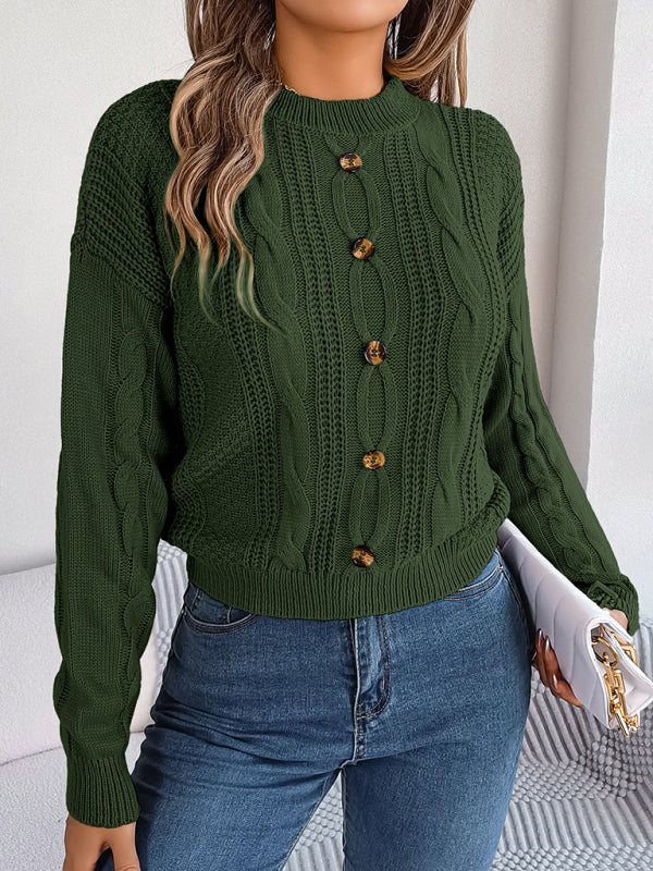 Sweaters- Fall/Winter Button Applique Cable Knit Crew Neck Sweater- - Pekosa Women Clothing