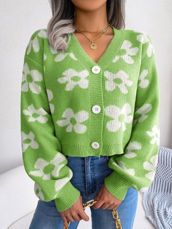 Sweaters- Fall & Winter Cropped Sweater - Knitted Button Down Cardigan- Green- Pekosa Women Clothing