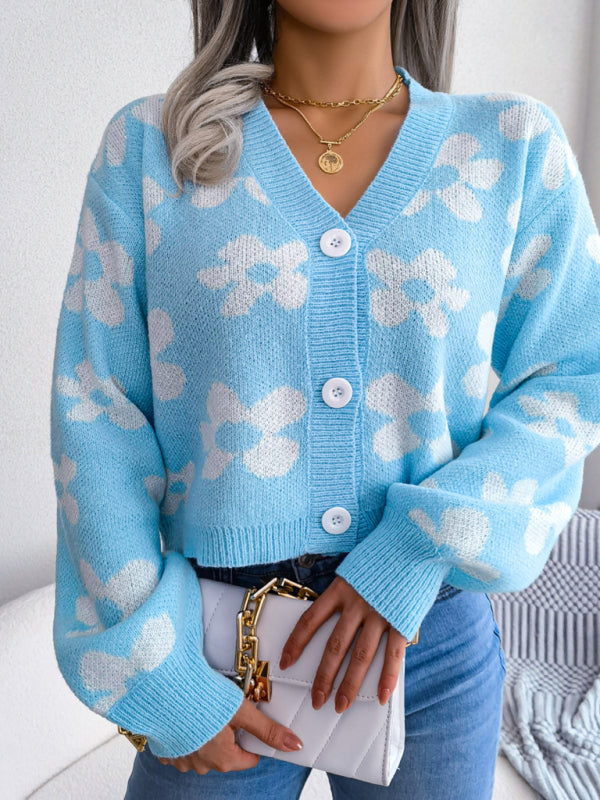 Sweaters- Fall & Winter Cropped Sweater - Knitted Button Down Cardigan- Blue- Pekosa Women Clothing