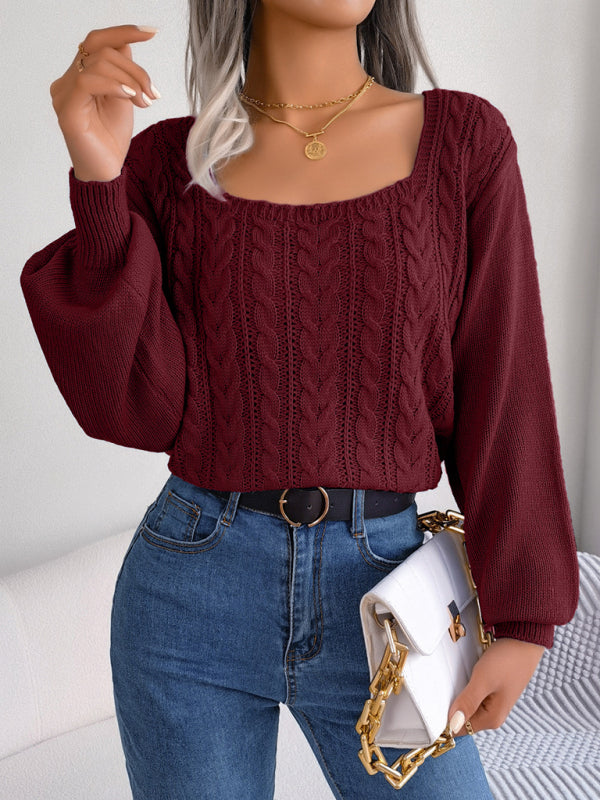 Sweaters- Fall/Winter Essential Square Neck Cable Knit Sweater- Wine Red- Pekosa Women Clothing