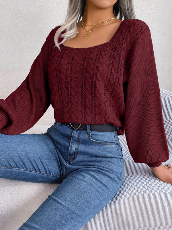 Sweaters- Fall/Winter Essential Square Neck Cable Knit Sweater- - Pekosa Women Clothing