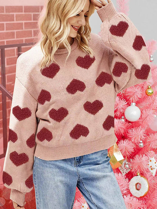 Sweaters- Fall in Love with Loose Fit Valentine’s Day Jacquard Sweater- Pink- Pekosa Women Clothing