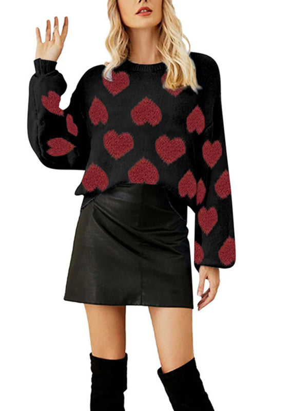 Sweaters- Fall in Love with Loose Fit Valentine’s Day Jacquard Sweater- - Pekosa Women Clothing