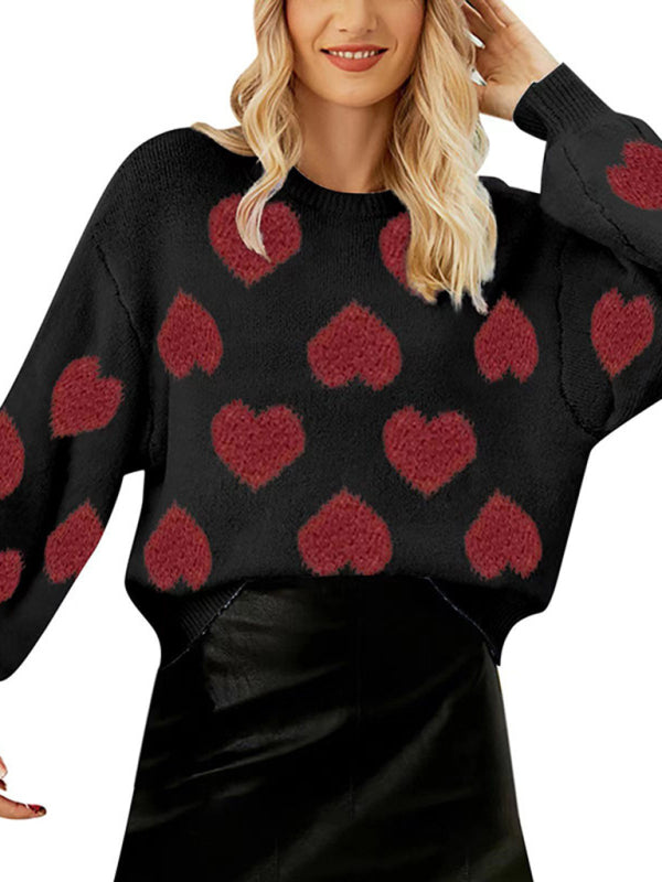 Sweaters- Fall in Love with Loose Fit Valentine’s Day Jacquard Sweater- Black- Pekosa Women Clothing