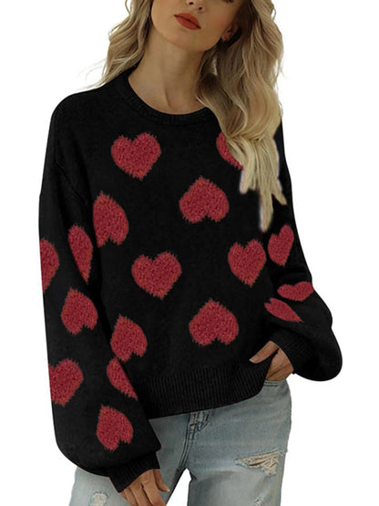 Sweaters- Fall in Love with Loose Fit Valentine’s Day Jacquard Sweater- - Pekosa Women Clothing