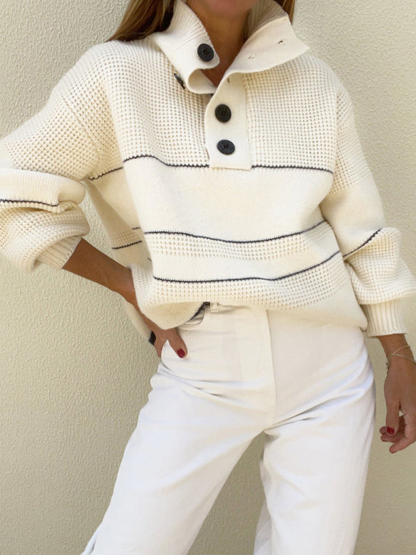 Sweaters- Fancy Button-Up High Neck Stripe Waffle Knit Sweater- - Pekosa Women Clothing