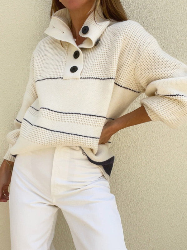 Sweaters- Fancy Button-Up High Neck Stripe Waffle Knit Sweater- - Pekosa Women Clothing