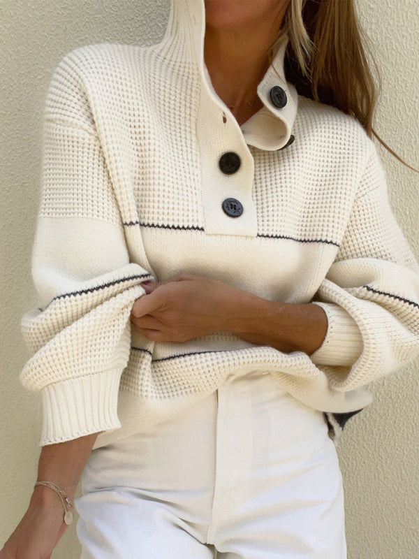 Sweaters- Fancy Button-Up High Neck Stripe Waffle Knit Sweater- Cracker khaki- Pekosa Women Clothing