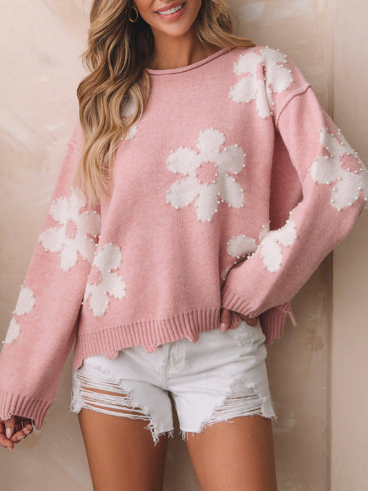 Sweaters- Floral Cozy Knit Oversized Sweater with Pearls- Pink- Pekosa Women Clothing