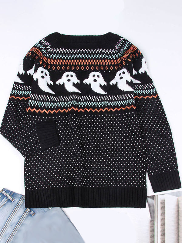 Sweaters- Halloween Ghost Boat Neck Sweater- - Pekosa Women Clothing