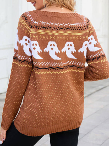 Sweaters- Halloween Ghost Boat Neck Sweater- - Pekosa Women Clothing