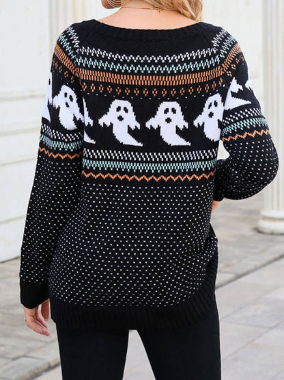 Sweaters- Halloween Ghost Boat Neck Sweater- - Pekosa Women Clothing