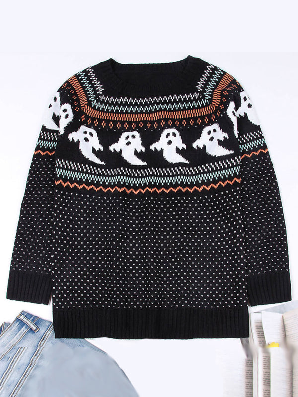 Sweaters- Halloween Ghost Boat Neck Sweater- - Pekosa Women Clothing