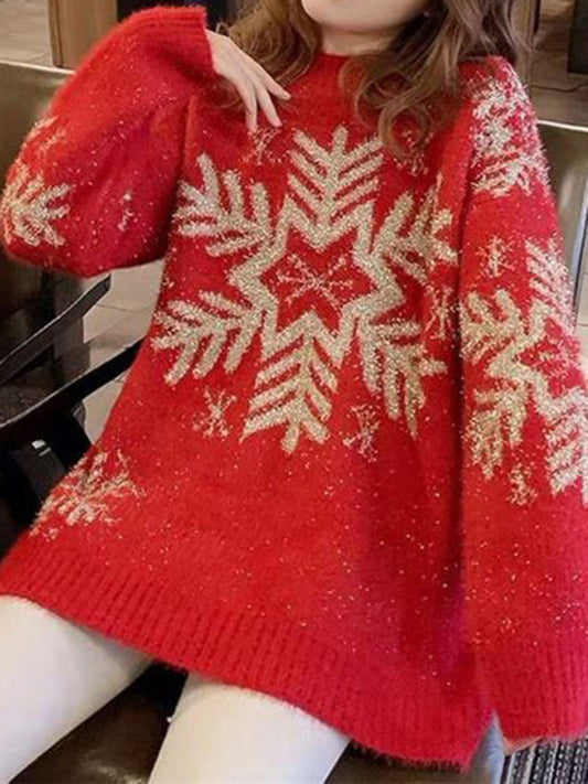 Sweaters- Holiday Oversized Knit Sweater for Xmas & Thanksgiving- Red- Pekosa Women Clothing