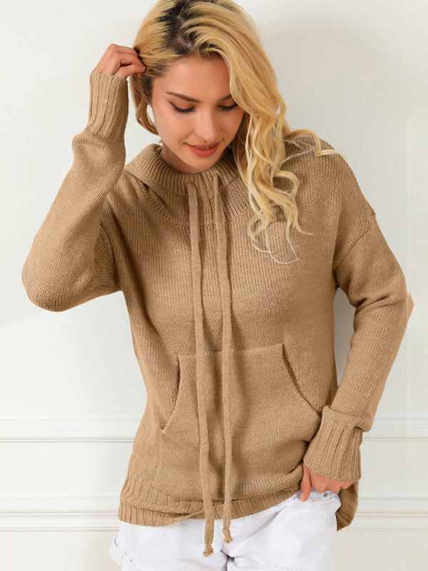 Sweaters- Hooded Kangaroo Pocket Knit Sweater | Hoodie Jumper- - Pekosa Women Clothing